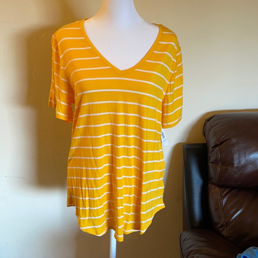 Old Navy Luxe White and Yellow Stripe V neck Top